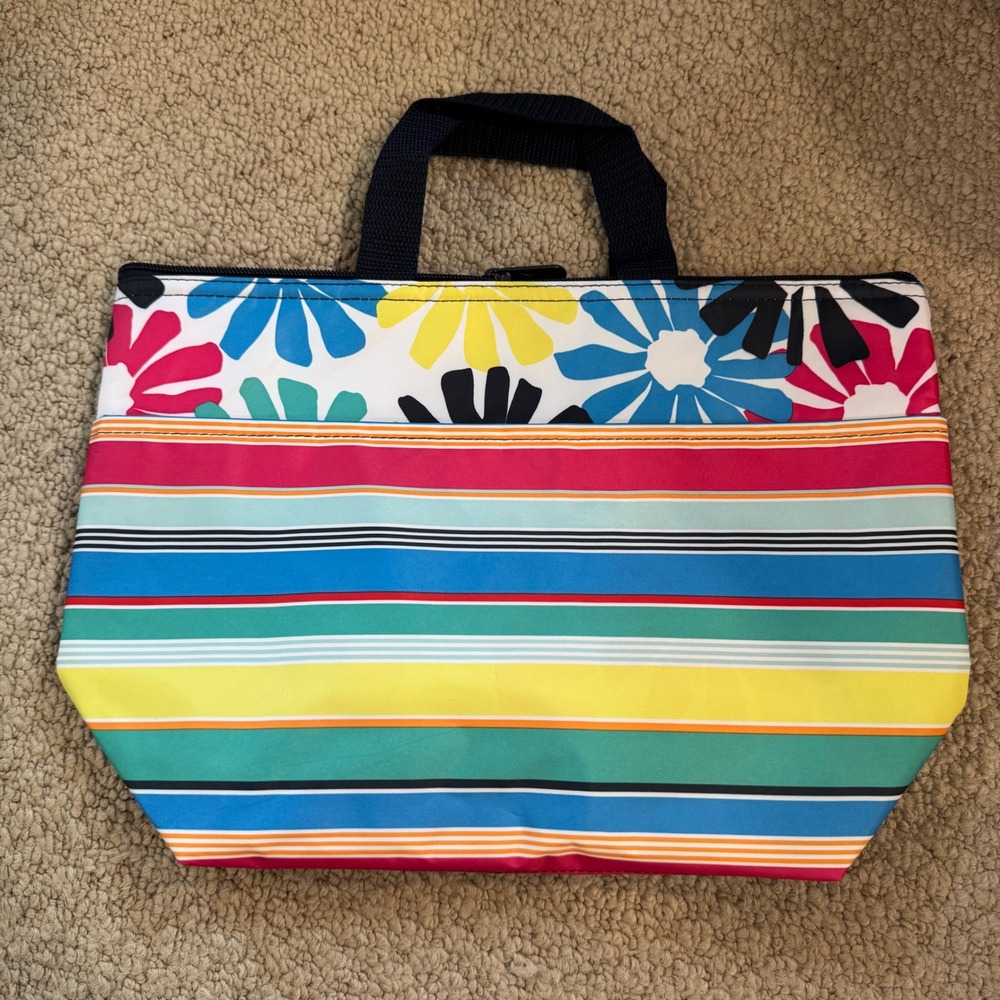 Thirty-One Multicolor Floral and Striped Zippered‎ Tote Bag Summer Handbag